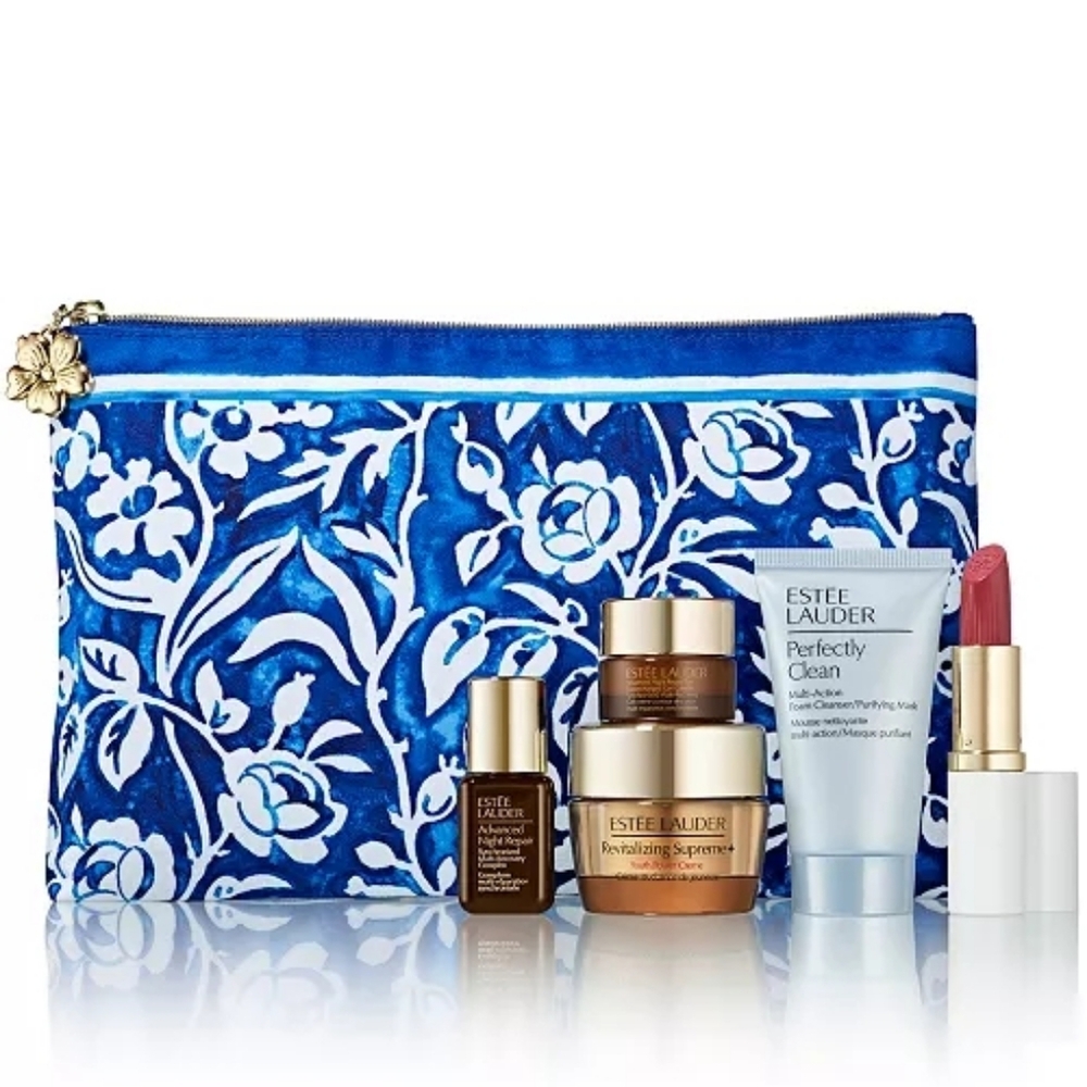 Estee Lauder 6 Piece Gift Travel Set Blue & White Floral Cosmetic Bag